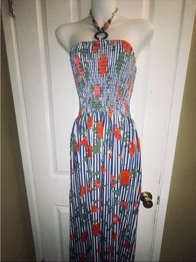 Magic Navy & White Striped Maxi Dress with Red Floral Print